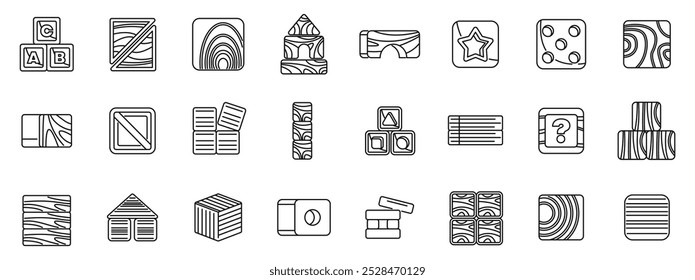 Ícones de bloco de cubo de madeira definidos. Coleção de ícones de linha representando vários brinquedos de madeira, perfeito para ilustrar a infância, educação ou jogo