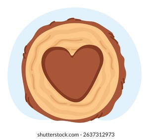 Wood cut with heart inside. Symbol of handmade. Work made with love. Tree log sawing. Wooden natural material. Timber carving. Carpentry craft. Logging circle. Plank shape. Vector woodworking icon