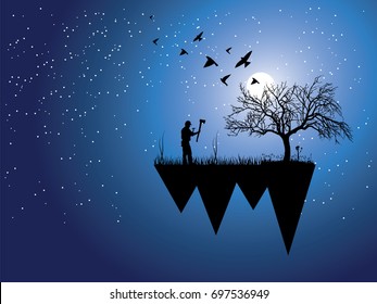 a wood cuter going to cutting tree at the night, shining stars at night