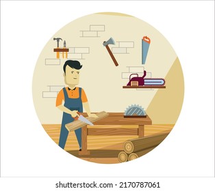 Cortador de madera trabajando en el taller con herramientas