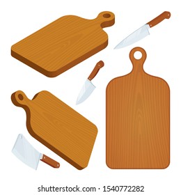 Wood cutting board. Cutting boards, kitchen knife and cleaver vector illustrations set. Part of set.