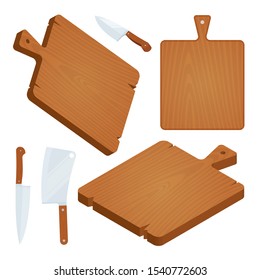 Wood cutting board. Cutting boards, kitchen knife and cleaver vector illustrations set. Part of set.
