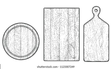 Wood cutting board illustration, drawing, engraving, ink, line art, vector