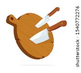 Wood cutting board and kitchen knives. Knife stuck in cutting board vector illustrations set. Part of set.