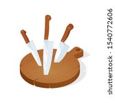 Wood cutting board and kitchen knives. Knife stuck in cutting board vector illustrations set. Part of set.