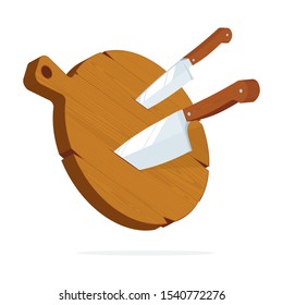 Wood cutting board and kitchen knives. Knife stuck in cutting board vector illustrations set. Part of set.