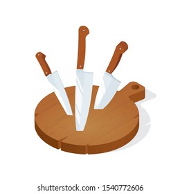 Wood cutting board and kitchen knives. Knife stuck in cutting board vector illustrations set. Part of set.