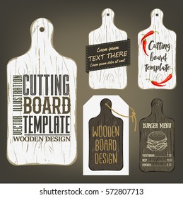 Wood Cutting Board Template With Usage Examples. Vector Illustration With Textured Plank Used As Mockup For Label, Logo, Card, Poster, Advertising Bar Or Pizzeria Menu.