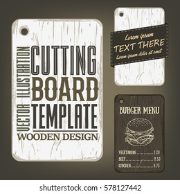 Wood Cutting Board Template With Usage Examples. Vector Illustration With Rectangular Textured Plank Used As Mockup For Label, Logo, Card, Poster, Advertising Bar Or Pizzeria Menu.