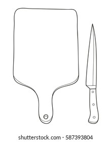 wood Cutting boards and kitchen knives, copy space style.kitchen supplies.vector hand drawn line art illustration