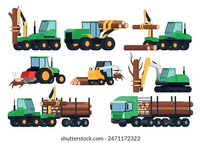 Ilustración vectorial isométrica del conjunto de vehículos especiales para camiones de transporte y transporte de madera. Recolección de madera de árbol para talar y limpiar bosques con cargador industrial de la máquina del camión de carga