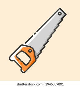 Wood cutting hand saw with hardened teeth colorful icon. Vector outline flat icon on yellow background. Hand construction tool for renovation work.