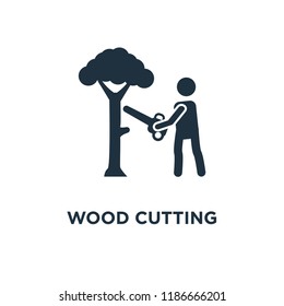 Wood cutting icon. Black filled vector illustration. Wood cutting symbol on white background. Can be used in web and mobile.