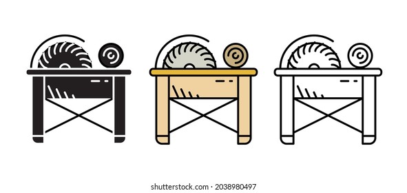 Wood Cutting Icon Set On Countertop. Thin Line Icons Of Wood Production Process. Manufacturing Icon Set. Silhouette, Colorful And Linear Set.