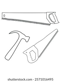 Wood Cutting Saw, hammer common tools in a construction vector set include a saw, ideal for cutting wood, metal, a drill, which creates holes in various materials. clean, modern vector style.