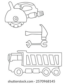 Wood Cutting table Saw, hammer, Spanner and construction truck construction tools vector collection is a highly useful asset for anyone in the construction industry, graphic designers, or educators.