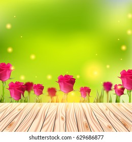 Wood deck, Summer background with wooden table. Empty floor over roses and green bokeh. Abstract vector illustration