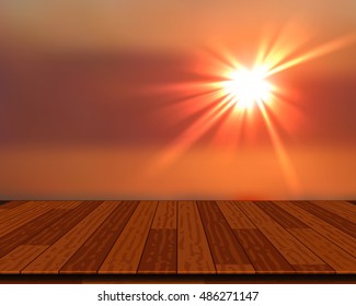 Wood decking into the sea at Sunset. Vector illustration.