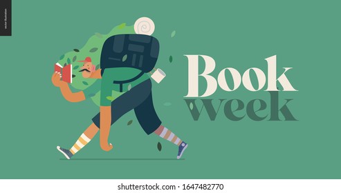 Wood design template -world Book Day graphics -book week events. Modern flat vector concept illustrations of reading people -man with mustache, cap, sneakers and backpack in the forest reading a book