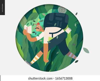 Wood design template -world Book Day graphics -book week events. Modern flat vector concept illustrations of reading people -man with mustache, cap, snickers and backpack in the forest reading a book