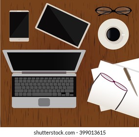 Wood desk with laptop and coffee cup,Desk made of wood texture with laptop computer, notepad and school supplies - Illustration