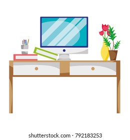 wood desk object with drawers and computer