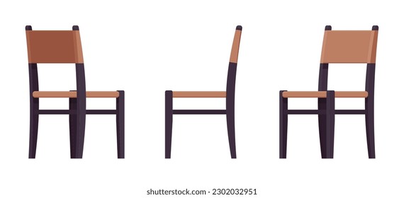 Wood dining chair, upholstered furniture set, natural brown, black. Fabric seat, backrest for cafe, restaurant classic modern interior. Vector flat style cartoon home office isolated, white background
