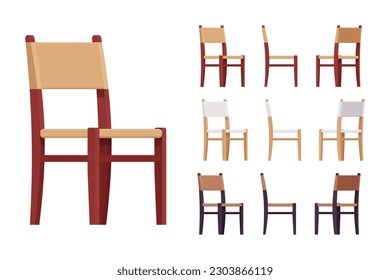 Wood dining chair, upholstered furniture big set, natural brown colors. Fabric seat for cafe, restaurant classic modern interior. Vector flat style cartoon home, office isolated, white background