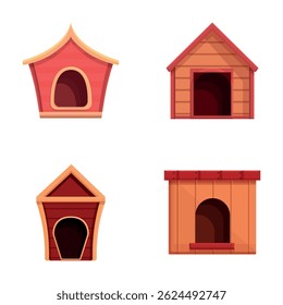 Wood doghouse icons set cartoon vector. Small cute empty dog house. Various booth