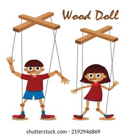 Wood Doll Icons Cute Boy Girl Cartoon Characters