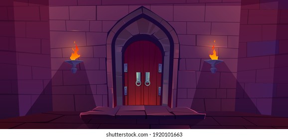 Wood door in medieval castle. Old gate in stone wall with flaming torches at night. Vector cartoon illustration of entrance to dungeon, prison or fortress. Wooden double doors with round knob knock