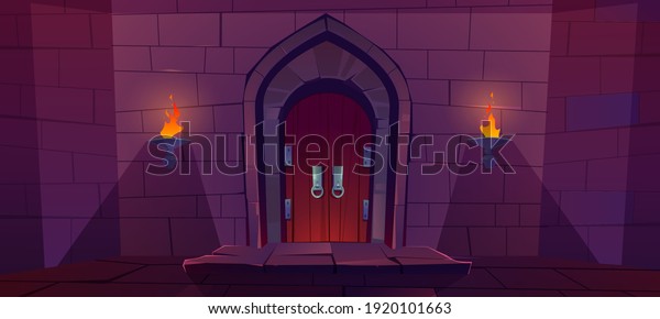 Wood door in medieval castle. Old gate in stone
wall with flaming torches at night. Vector cartoon illustration of
entrance to dungeon, prison or fortress. Wooden double doors with
round knob knock