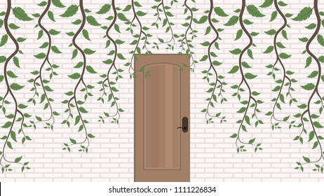 wood door vector. vine vector. free space for text. wallpaper. brick wall.