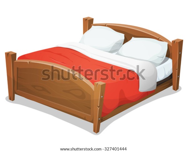Wood Double Bed With Red Blanket/\
Illustration\
of a cartoon wooden double big bed for couples with pillows and red\
blanket
