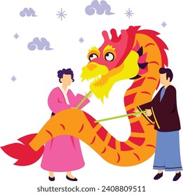 Wood Dragon Dance Performance Show concept, Martial artists or acrobats demonstrating vector design, Chinese New Years Eve symbol, Year of the Luck sign, China Spring Festival scene stock illustration