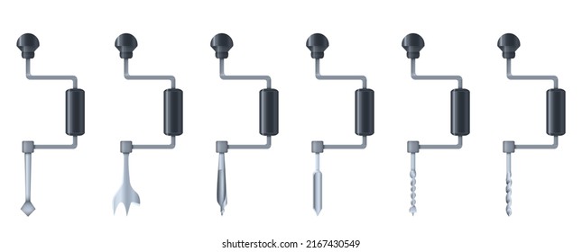 Wood Drill Bits. Hand drills for wood. Set of tools. Vector isolated on white background.