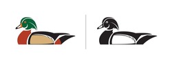 Wood Duck Vector Icon In Flat Colors And Black And White