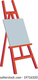Wood easel or painting art board with white canvas on blue background. Easel with paper sheets. Artwork blank poster mockup. Vector illustration