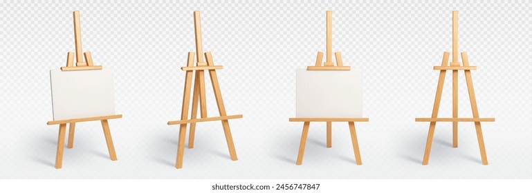 Wood easel stand with art board isolated vector mockup. 3d painter canvas tripod for display artist drawing in gallery exhibition. Whiteboard object for creative studio class realistic equipment set