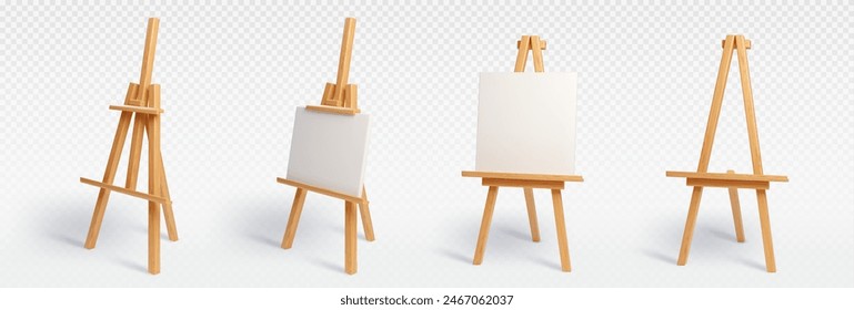 Wood easel stand with art board isolated vector mockup. 3d painter canvas tripod for display artist drawing in gallery exhibition. Whiteboard object for creative studio class realistic equipment set