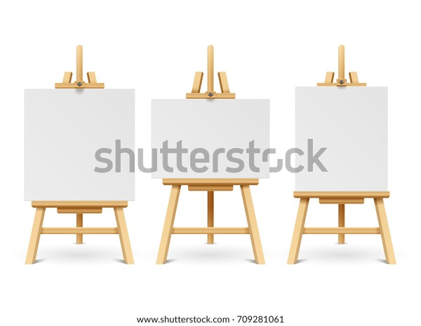 Wood easels or painting art boards with\
white canvas of different sizes. Artwork blank poster mockups.\
Wooden board with paper white canvas\
illustration