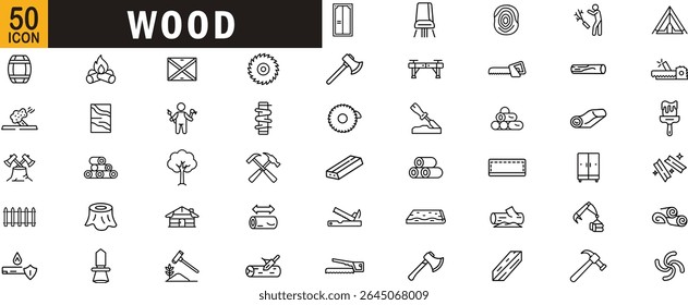 Wood editable outline icon set. Carpentry, timber, tools, furniture, lumber, firewood and more.
