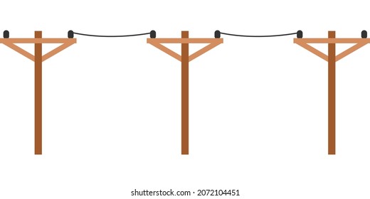 Wood electric voltage poles power to transmit electricity on white background flat vector icon.