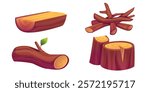 Wood elements set with chopped lumber - split log plank, pile of stacked branches, curved trunk with leaf, round cut stumps. Natural material elements for game interface, camping scenes, forest design