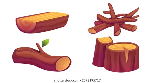 Wood elements set with chopped lumber - split log plank, pile of stacked branches, curved trunk with leaf, round cut stumps. Natural material elements for game interface, camping scenes, forest design