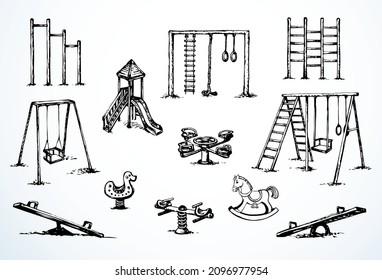 Wood empty rope hang metal ring chair seat gym on white backyard field ground nobody backdrop. Line black hand drawn toy relax ride joy sign icon funny sketch art modern cartoon outline graphic style