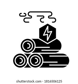 Wood energy black glyph icon. Power manufacturing business, electricity generation. Natural resources exploitation, deforestation silhouette symbol on white space. Vector isolated illustration