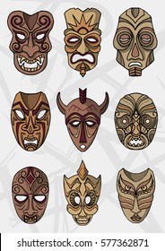 Wood ethnic or ceremonial masks vector icons. Set of African, Japanese or Chinese and Indian mystic traditional deity face desguise for theater performance or ceremony