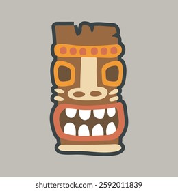 wood ethnic statue sculpture mask in outline flat vector design