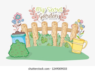 wood fence with flowers plants and watering can